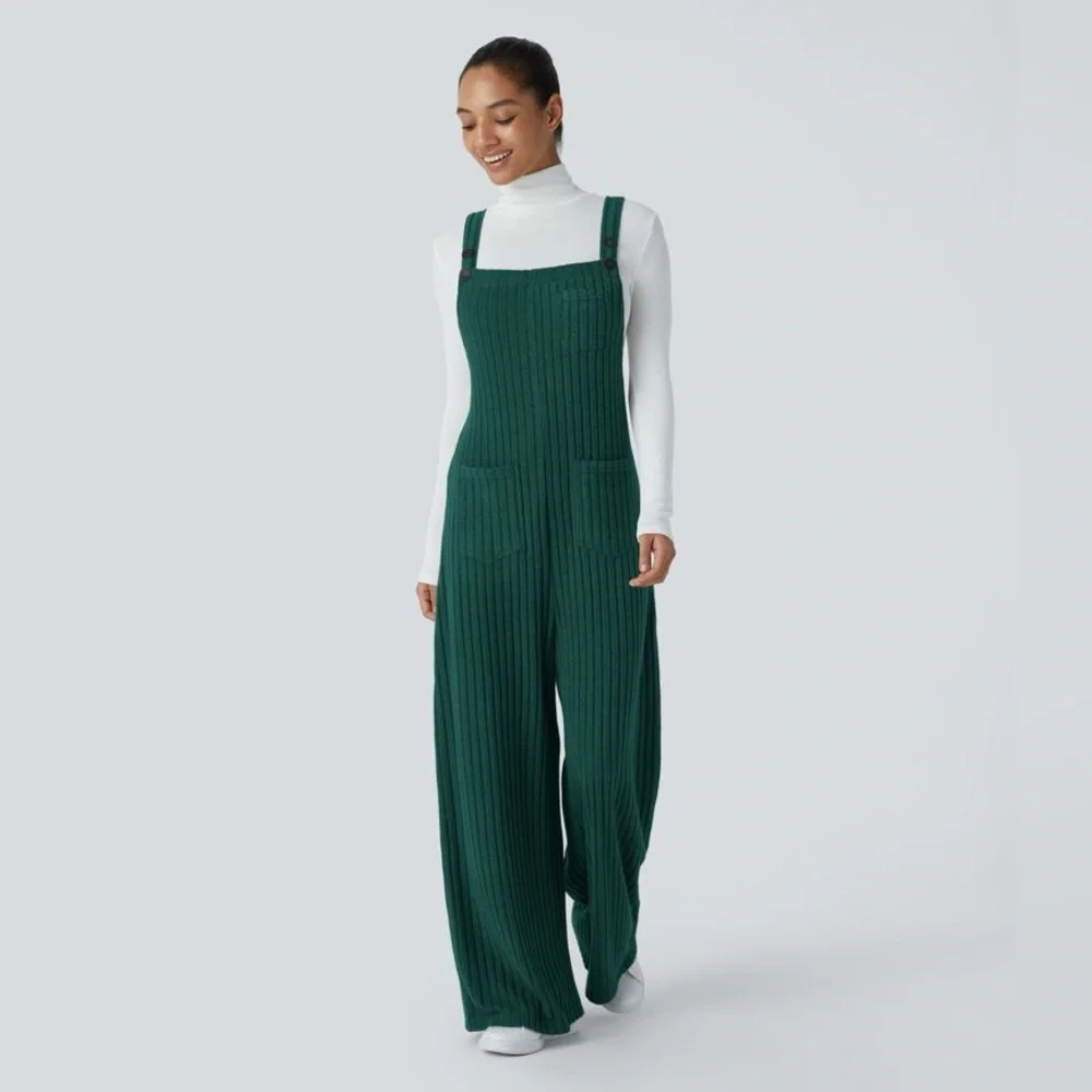 HALARA Ribbed Knit Pockets Overalls Casual Green Jumper Women's Size Small - Picture 8 of 8